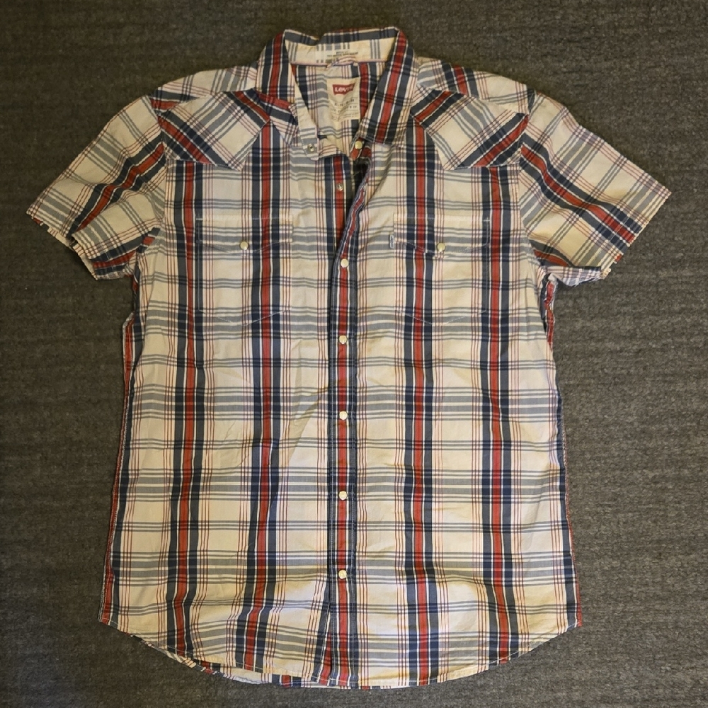 Levi's Red and Blue Camp Style Snap Button Down Shirt